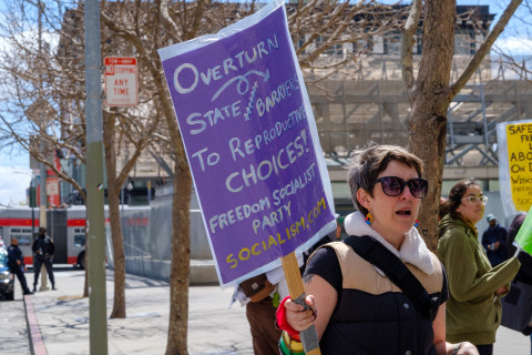 placard demanding freedom of choice is purple carried by woman with cute short hairdo