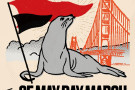 Seal holding red and black flags in front of San Francisco Bay Bridge.