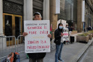 Chanting “You can’t atone for genocide” and “There is no forgiveness for genocide,” pro-Palestinian peace activists demonstrated outside ...