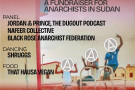 Flyer for upcoming talk and dance party. Three people in the center with hands in air and circle-A's for their heads in front of houses.