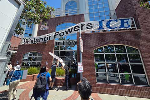 Demonstrators Blockade Palantir Offices in Palo Alto