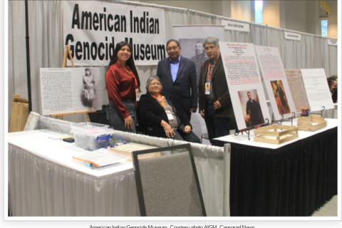 Steven Melendez, Northern Paiute from Nevada, and Cheryl Melendez, Cree from Manitoba, representing The American Indian Genocide Museum, ...