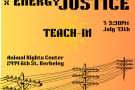 Building decarbonization and energy justice teach-in in large font. Orange background with powerline illustration below text