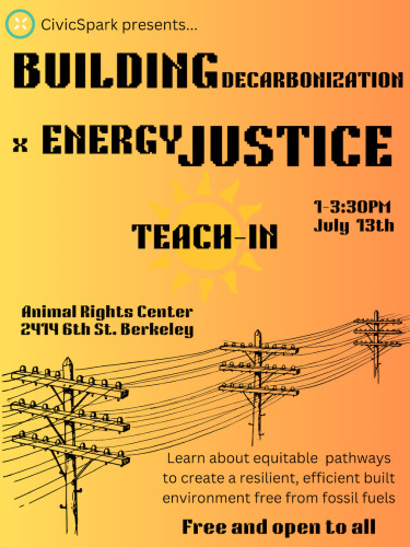 Building decarbonization and energy justice teach-in in large font. Orange background with powerline illustration below text