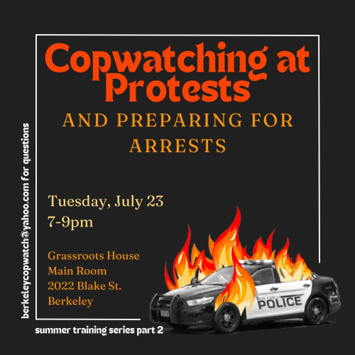 Title reads copwatching at protests and preparing for arrests. Image of a burning cop car.