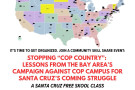 Flyer for "Stopping Cop Country" workshop. Picture of the United States with markers for every Cop City-style project being built.