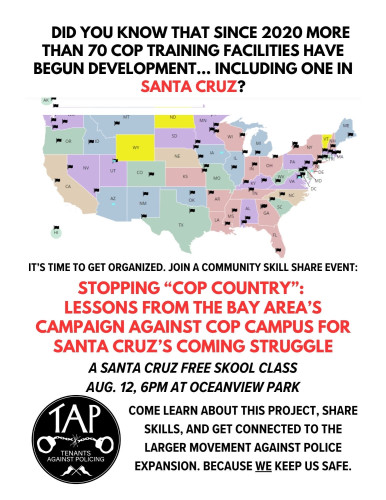 Flyer for "Stopping Cop Country" workshop. Picture of the United States with markers for every Cop City-style project being built.