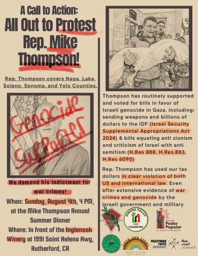 A poster showing details of Mike Thompson fundraiser protest with details in the description 