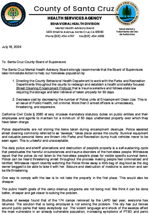 Letter From Santa Cruz County's Mental Health Advisory Board