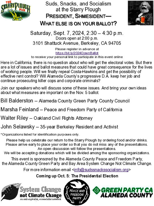 Flyer for forum about the 2024 CA ballot at the Starry Plough Pub Sept 7, 2024