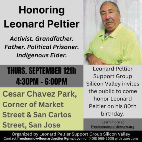 Honoring Leonard Peltier on his 80th Birthday flyer