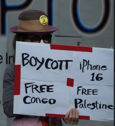 Sign: Boycott iPhone 16. Free Congo. Free Palestine