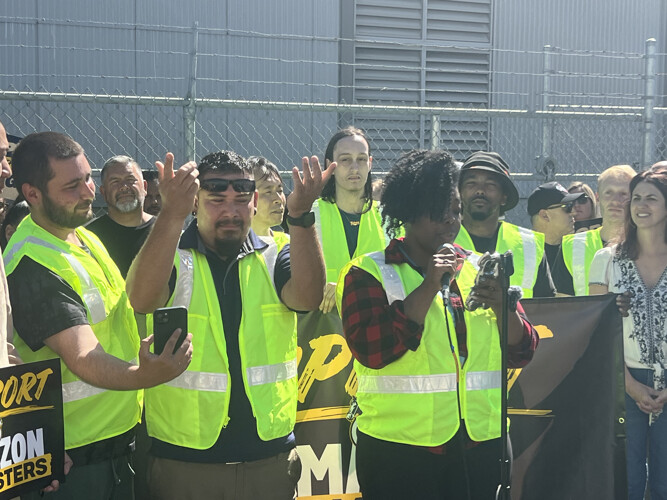 Teamster Amazon workers in San Francisco Amazon DCK6  walked out at their facility, rallied and spoke out about why they want a union and...