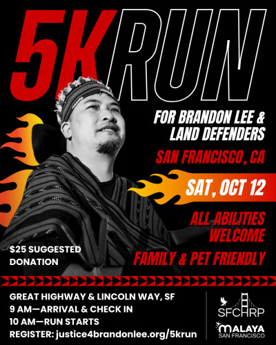 Title says "5k Run for Brandon Lee and Land Defenders" with image of Chinese American man with cartoon flames bursting from his wheelchaiir