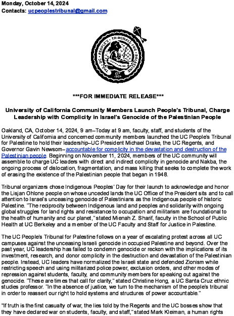 University of California Community Members Launch People’s Tribunal, Charge Leadership with Complicity in Israel’s Genocide of the Palest...