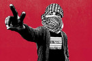 Illustration of a human, wearing a kuffiyeh which obscures their face, making a V for victory sign w a hand outstretched to the viewer.