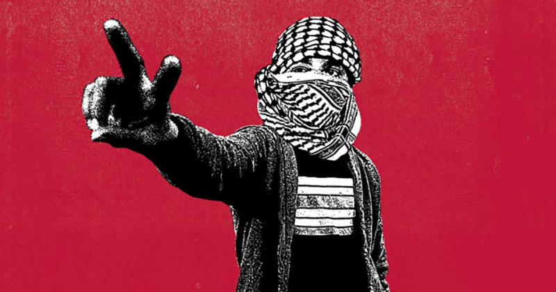 Illustration of a human, wearing a kuffiyeh which obscures their face, making a V for victory sign w a hand outstretched to the viewer.