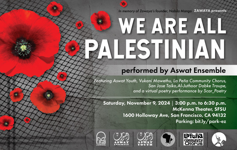 an image with a black & white keffiyeh background and red poppies in the foreground. Reads "We Are All Palestinian" with event details