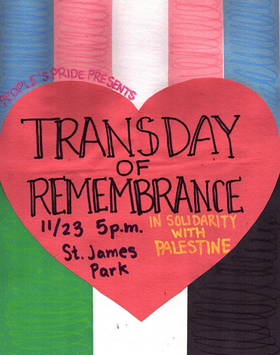 paper flyer with the trans flag on the top half and the Palestinian flag on the bottom half. In the middle is a giant red heart with black t