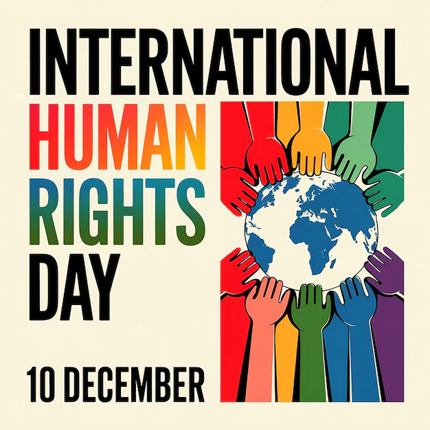 "International Human Rights Day December 10" with multi-colored hands surroudning the image of the earth