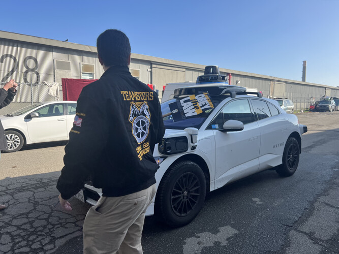 Teamster Stop Waymo Google Robo-Taxis In Front Of Picket Line