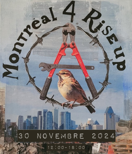 Montreal 4 Riseup featuring a "Circle A" made of barbwire and bolt cutters with a bird on the wire.