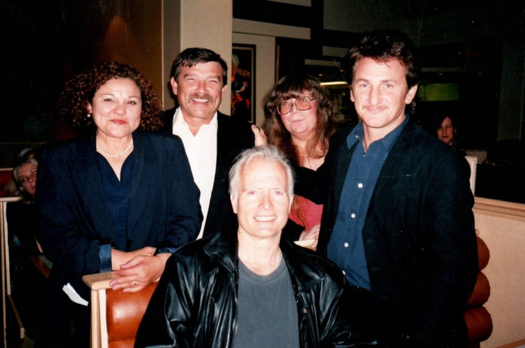2001 Photo of filmmaker Rob Nilsson in leather jacket, actress Monica Cortes Viharo, actor Sean Penn, myself (Lynda Carson) in red hair a...
