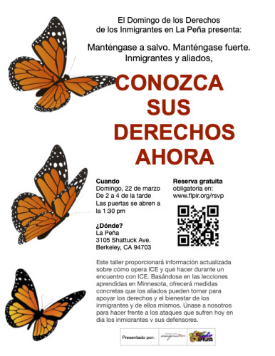 Flyer en espanol con tres mariposas, describiendo el evento que se va a realizar en el Centro Cultural la Peña